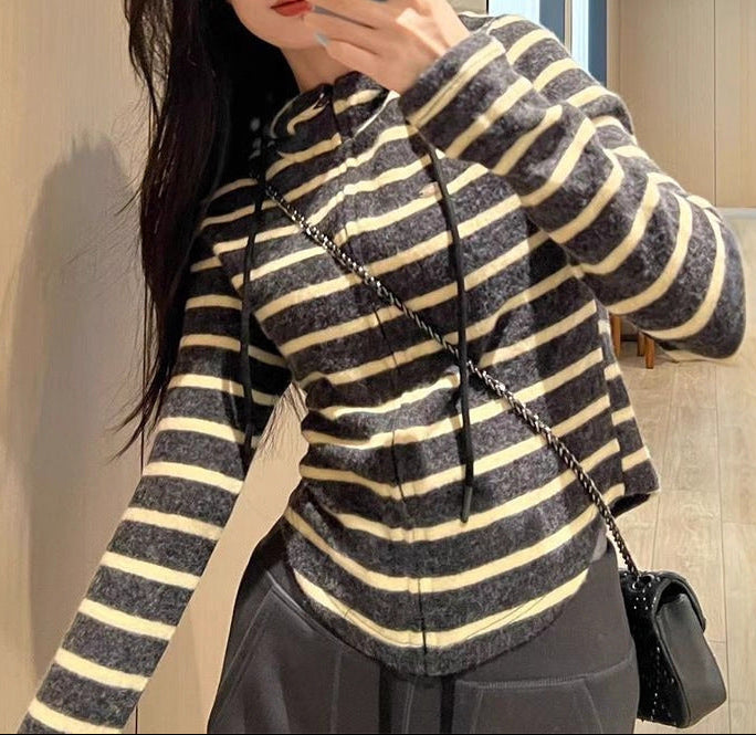STRIPED HOODED KNIT JACKET