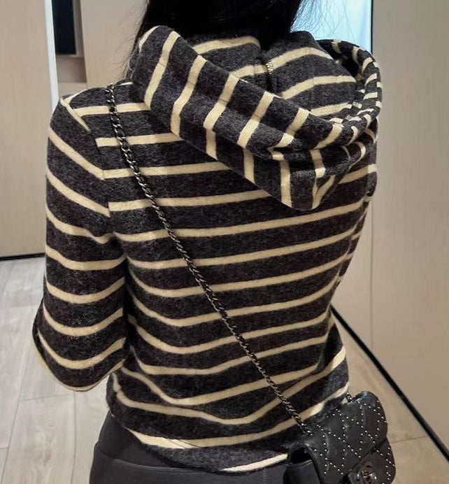 STRIPED HOODED KNIT JACKET