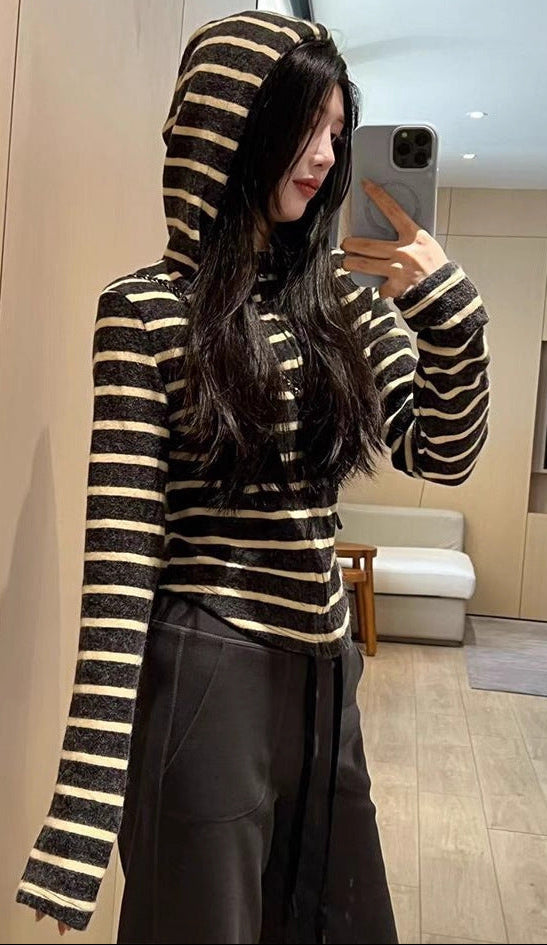 STRIPED HOODED KNIT JACKET
