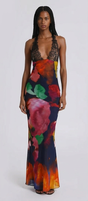KNITTED LACE STRAP PRINT DRESS