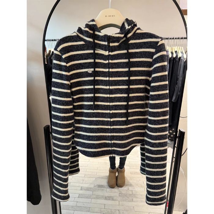 STRIPED HOODED KNIT JACKET